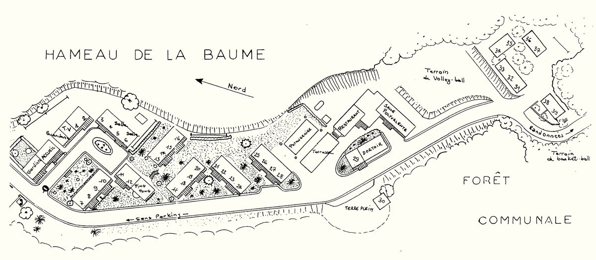 Plan interactif du hameau de la Baume - village vacances avec hĂ©bergements, espaces communs et forĂȘt communale
