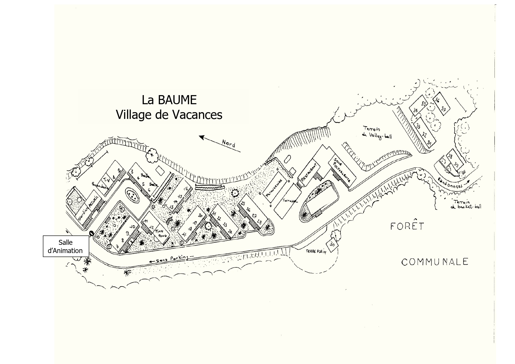Plan interactif du hameau de la Baume - village vacances avec hébergements, espaces communs et forêt communale